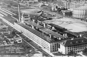 Aerial view of the Lincoln Motor Company plant complex at 6200 W. Warren Avenue in Detroit, ca. 1945.