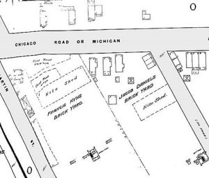 Map depicting the Jacob Daniels [sic] Brick Yard (on the right) and the Francis Hyns Brick Yard (on the left), south of Chicago Road (or Michigan) and west of Martin Street