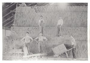 Laborers in the Detroit facility of the Clippert Brick Company brick drying shed, ca. 1900 – 1910