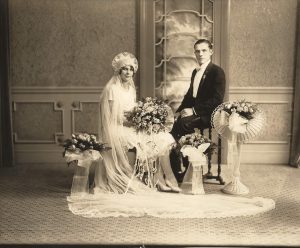 Louis Golembieski and Estelle Politowski wedding portrait, St. Barbara Roman Catholic Church, Dearborn, Michigan, September 29, 1928. From the collection of WSDPAHS Treasurer Barbara Misiolek Gamble. Used with permission.